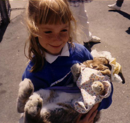 Erin with dressed up rabbit amanda